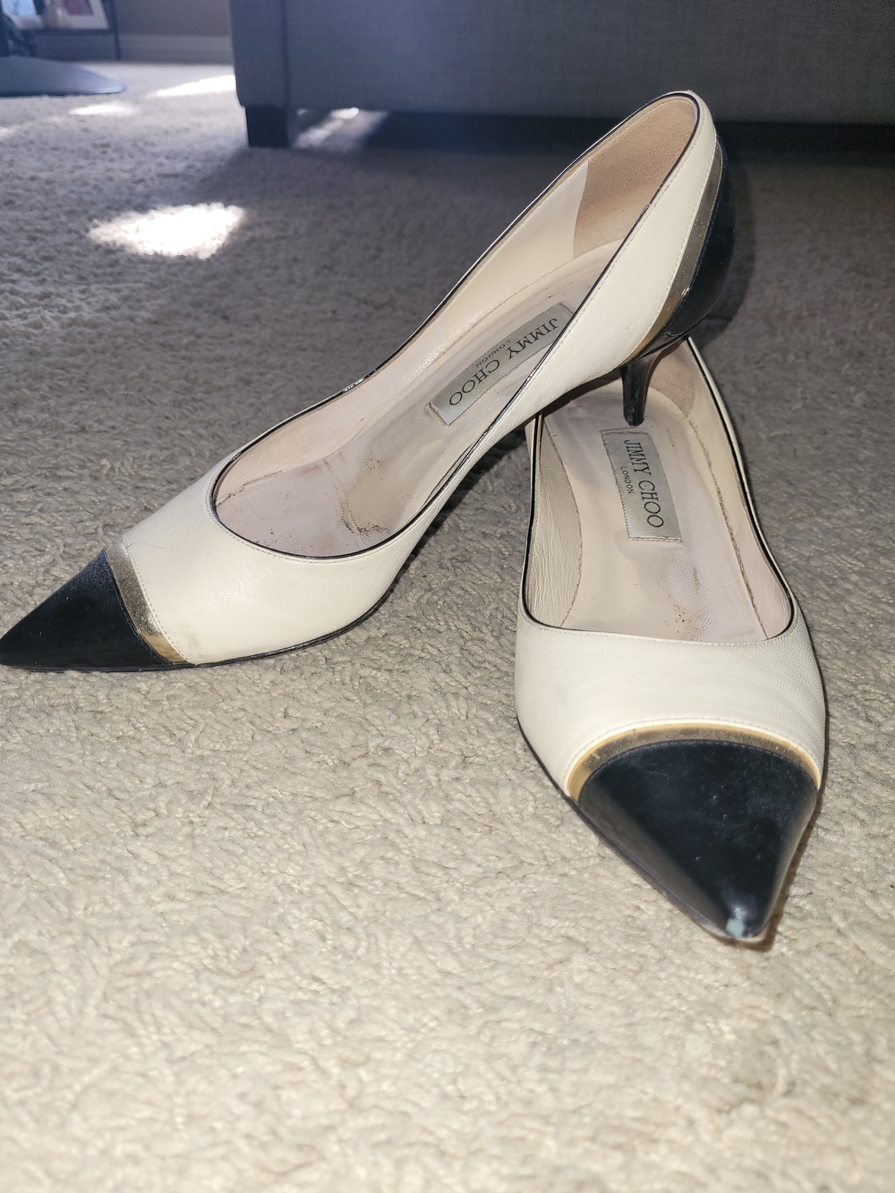 Jimmy Choo Cream and Black Pointed Toe Heels